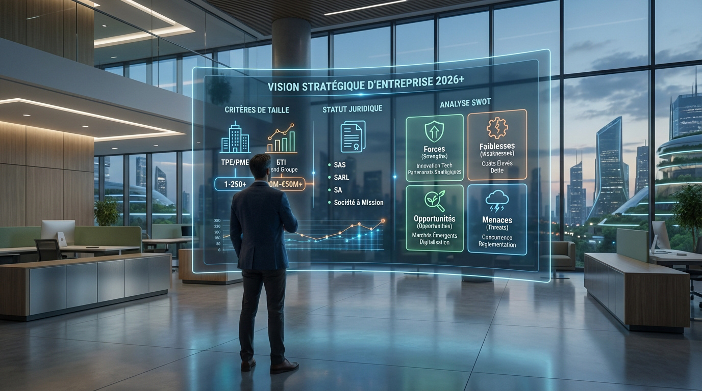 Homme en costume devant un écran holographique affichant une vision stratégique d'entreprise (SWOT, taille, statut) dans un bureau moderne avec vue sur une ville futuriste.