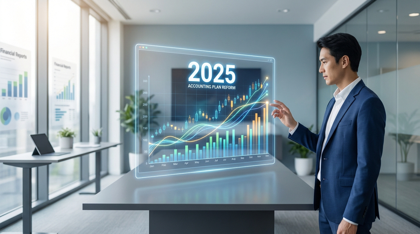 Un homme d'affaires interagit avec un écran holographique affichant des données financières et la mention "2025 ACCOUNTING PLAN REFORM".