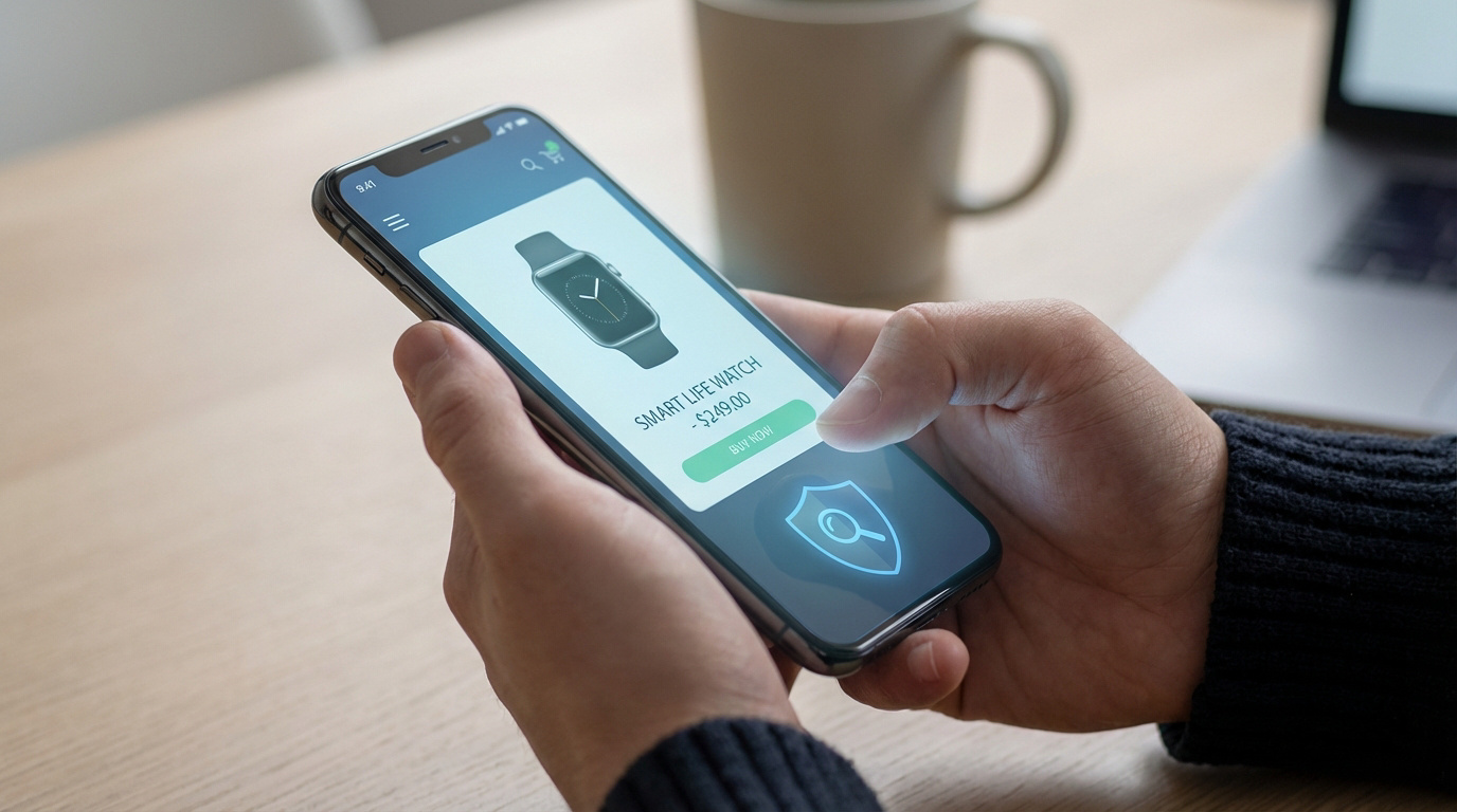 Mains tenant un smartphone affichant une montre connectée et un bouton 'ACHETER MAINTENANT', avec un bouclier de sécurité lumineux.