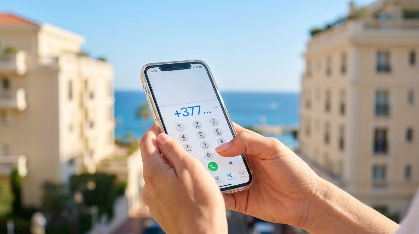 Mains composant l'indicatif +377 sur un smartphone, avec vue sur les bâtiments de Monaco et la mer Méditerranée.