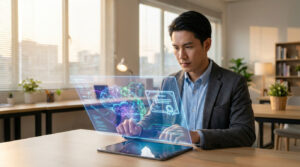 Un homme regarde une interface holographique affichant un cerveau stylisé et un certificat, symbolisant l'apprentissage numérique du futur.