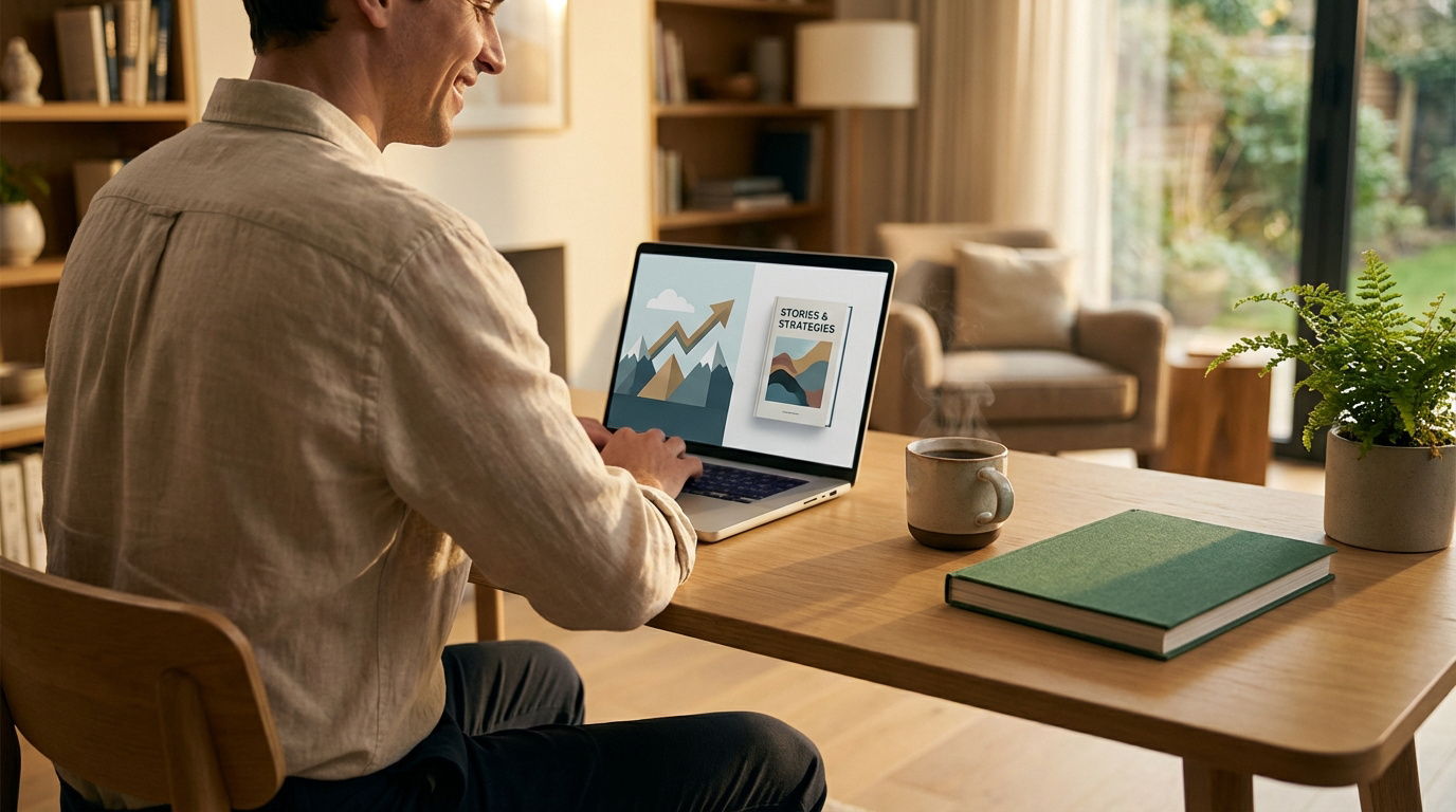 Homme travaillant sur un ordinateur portable dans un bureau moderne. L'écran affiche un graphique de croissance et un livre "Stories & Strategies".