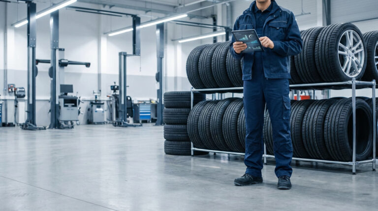 Un technicien en uniforme bleu utilise une tablette affichant des données dans un garage moderne, entouré de pneus et d'équipements.