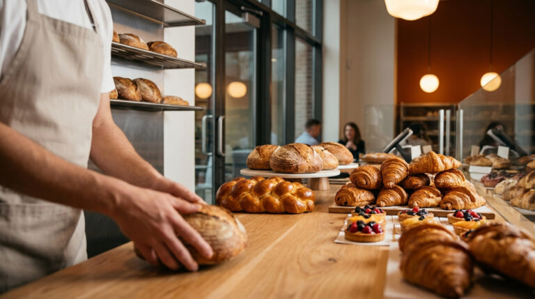 Un boulanger pose un pain rustique sur un comptoir garni de pains, viennoiseries et pâtisseries dans une boulangerie moderne.