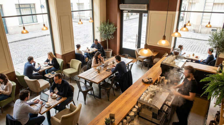 Vue aérienne d'un coffee shop moderne et lumineux avec de nombreux clients travaillant et discutant. Un barista prépare des boissons.