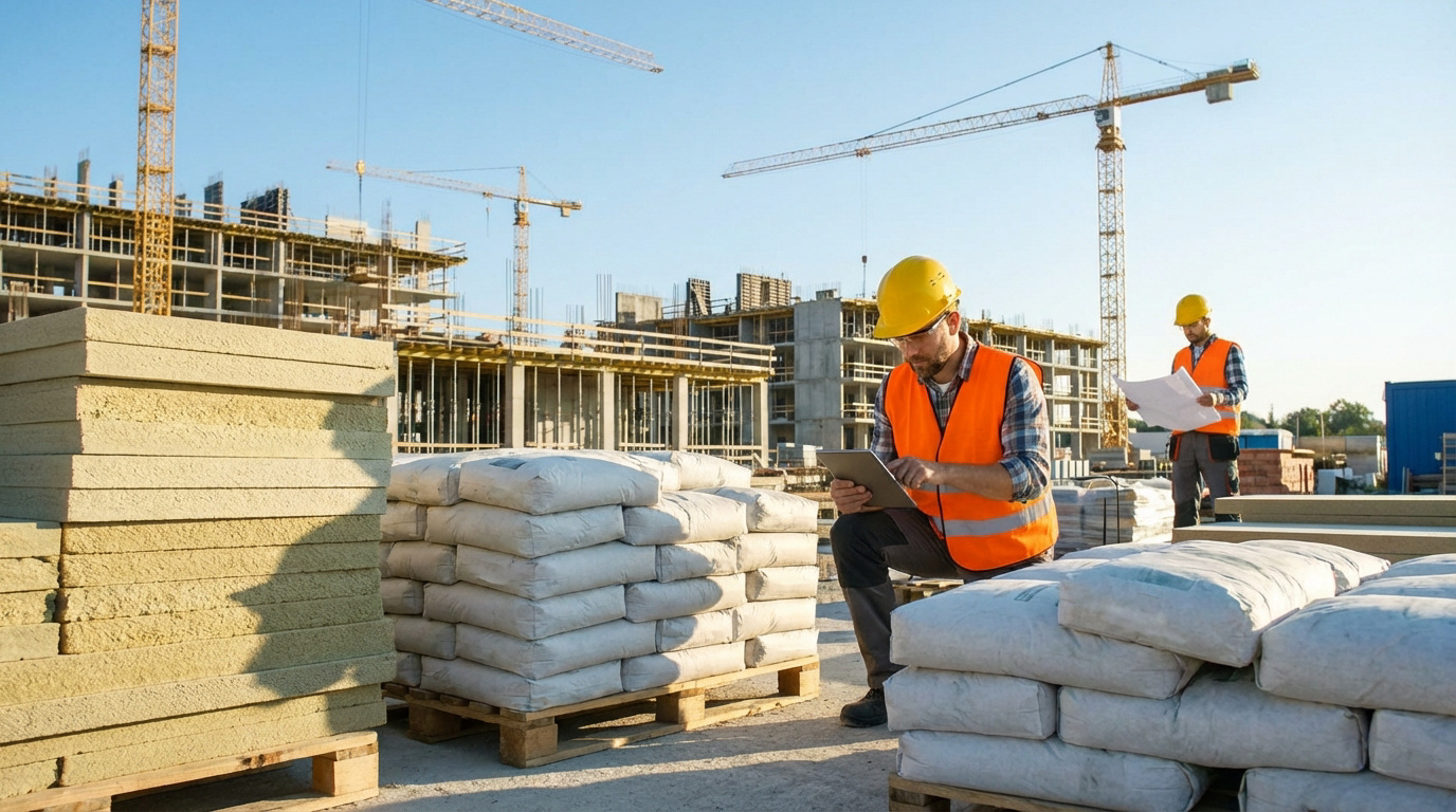 Ouvriers sur chantier avec casques et gilets, l'un utilise une tablette, l'autre des plans, près de matériaux de construction et grues.