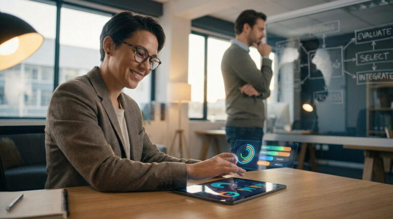 Femme souriante utilise une tablette et interface holographique pour analyser des données en PME. Homme examine un tableau de flux.