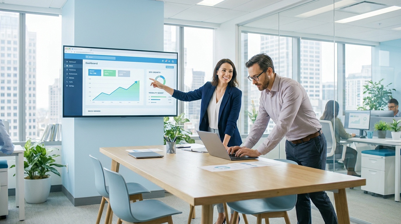 Deux collègues dans une agence web analysent un tableau de bord affichant la croissance SEO et la visibilité, un laptop est ouvert.