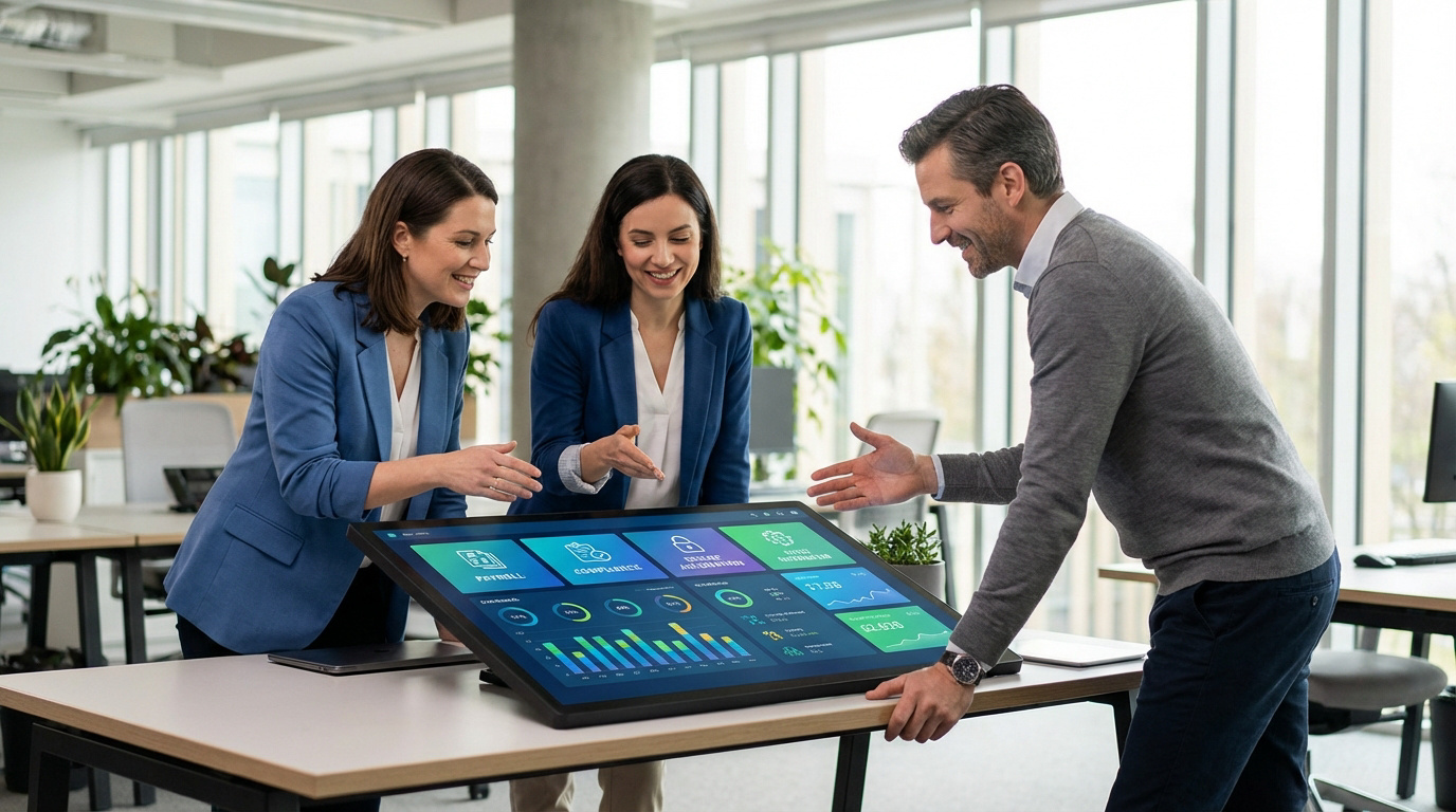 Trois collègues analysent un grand écran tactile affichant des données et graphiques de paie et RH dans un bureau lumineux.