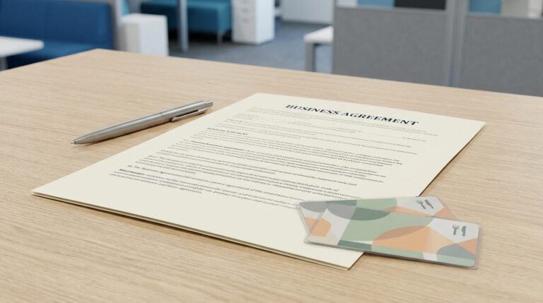 Document "BUSINESS AGREEMENT", stylo et cartes tickets restaurant sur une table en bois clair.