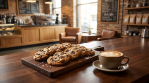 Plusieurs cookies aux pépites de chocolat et une tasse de café latte fumante sur une table en bois dans un café moderne.