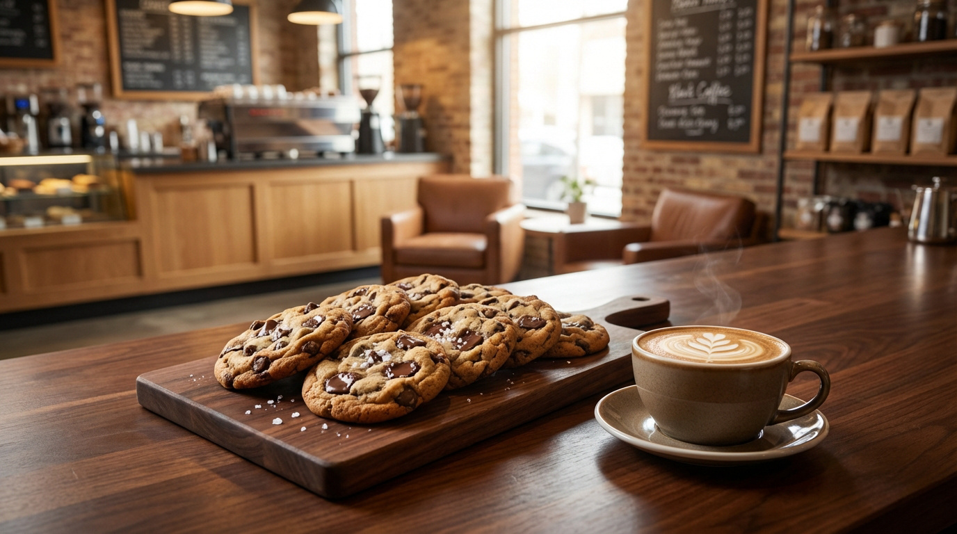 Plusieurs cookies aux pépites de chocolat et une tasse de café latte fumante sur une table en bois dans un café moderne.