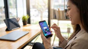 Jeune femme souriante utilisant un smartphone pour créer une story Instagram interactive affichant un sondage "New Project Launch".