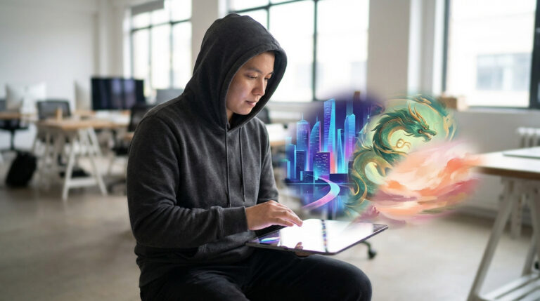 Jeune personne en hoodie interagissant avec une tablette, d'où émanent une ville futuriste et un dragon vert détaillé, symbolisant la création IA.