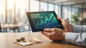 Mains sur une tablette affichant un graphique de fonds d'épargne et de croissance d'entreprise, avec billets et pièces d'euros sur une table.