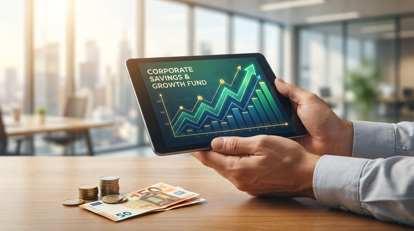 Mains sur une tablette affichant un graphique de fonds d'épargne et de croissance d'entreprise, avec billets et pièces d'euros sur une table.