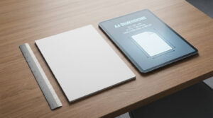 Table en bois avec une pile de feuilles A4, une règle et une tablette affichant les dimensions du format A4.