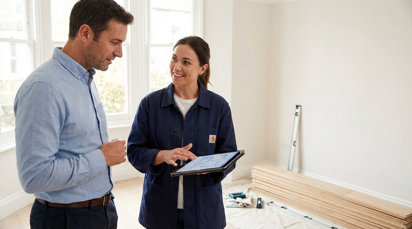 Une artisane montre des plans sur tablette à un client dans une pièce en rénovation avec du parquet et outils.