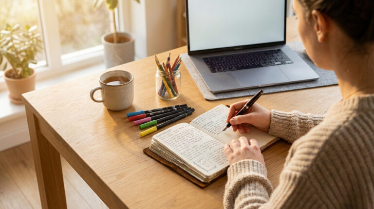 Personne écrivant dans un journal en cuir sur une table en bois. Près d'une fenêtre ensoleillée, on voit un ordinateur, des stylos et une tasse de thé.