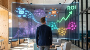 Homme face à un écran holographique affichant des données marketing (emails, SMS, IA, audience) et un graphique de ROI en hausse.
