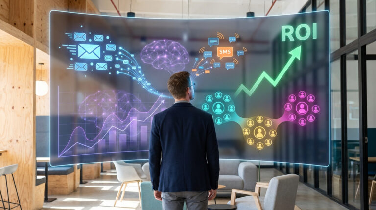 Homme face à un écran holographique affichant des données marketing (emails, SMS, IA, audience) et un graphique de ROI en hausse.