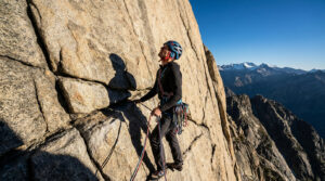 Grimpeur sur une paroi rocheuse, équipé Petzl, regardant le sommet. Des montagnes enneigées et un ciel bleu dégagé en arrière-plan.