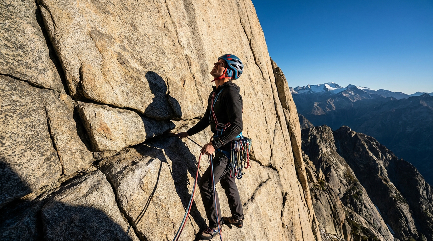 Grimpeur sur une paroi rocheuse, équipé Petzl, regardant le sommet. Des montagnes enneigées et un ciel bleu dégagé en arrière-plan.