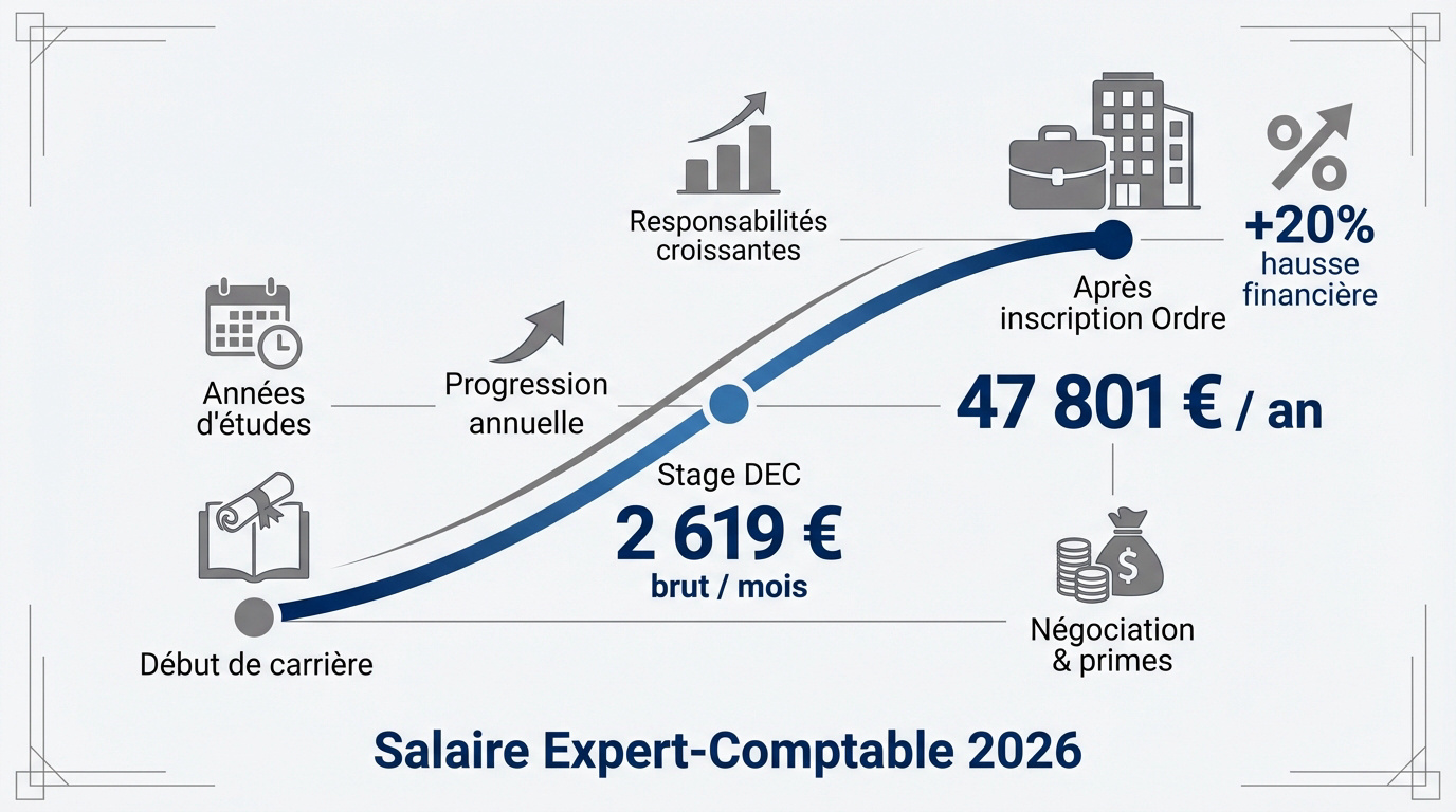 Graphique de l'évolution du salaire d'un expert-comptable entre le stage et le diplôme en 2026