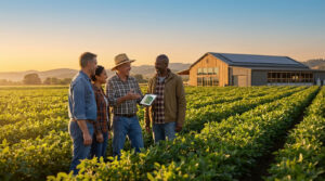 Quatre agriculteurs souriants examinent une tablette dans un champ verdoyant, avec une ferme moderne à panneaux solaires.