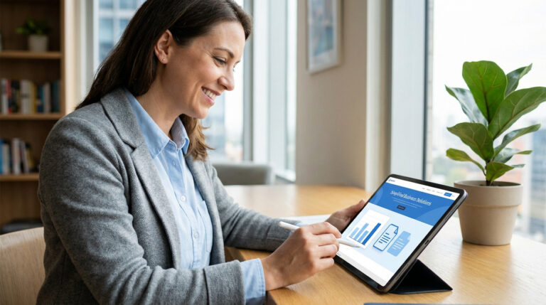 Femme souriante en blazer gris utilisant un stylet sur une tablette affichant des solutions d'affaires dans un bureau moderne.