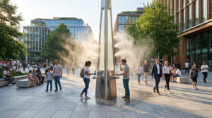 Fontaine mât métallique moderne vaporisant de la brume sur une place urbaine. Des passants remplissent leurs bouteilles d'eau, sous le soleil.
