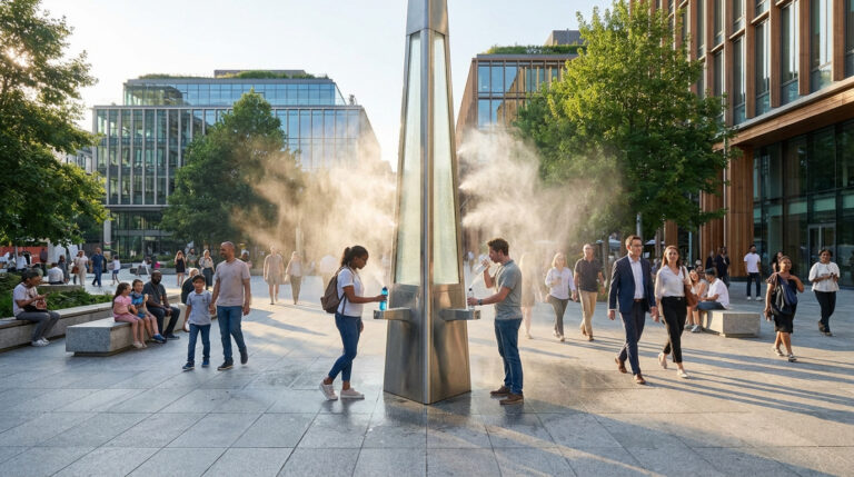 Fontaine mât métallique moderne vaporisant de la brume sur une place urbaine. Des passants remplissent leurs bouteilles d'eau, sous le soleil.