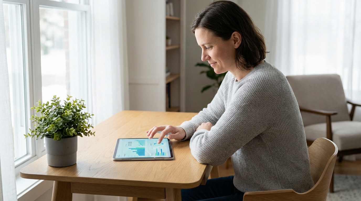 Une femme souriante consulte des graphiques financiers sur une tablette à une table en bois près d'une fenêtre lumineuse.