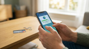 Mains tenant un smartphone affichant un plan de paiement fractionné "3 de 4 payé" avec connexion sécurisée. Carte bancaire sur table.