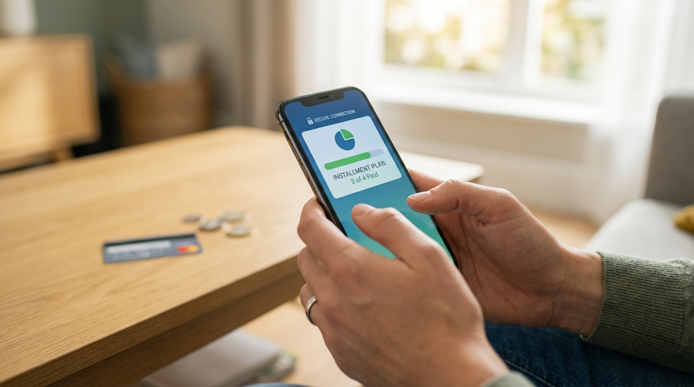 Mains tenant un smartphone affichant un plan de paiement fractionné "3 de 4 payé" avec connexion sécurisée. Carte bancaire sur table.