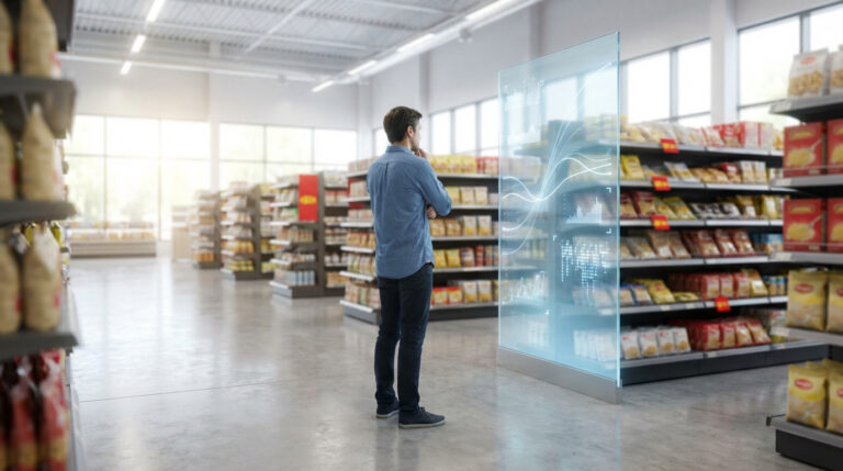 Un homme observe un écran numérique transparent affichant des données dans un supermarché moderne, symbolisant l'analyse commerciale.