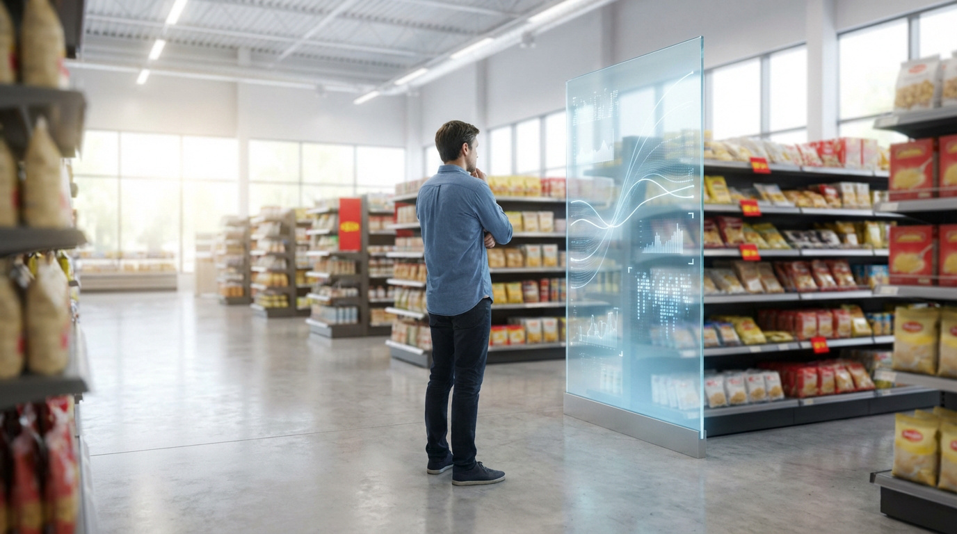Un homme observe un écran numérique transparent affichant des données dans un supermarché moderne, symbolisant l'analyse commerciale.