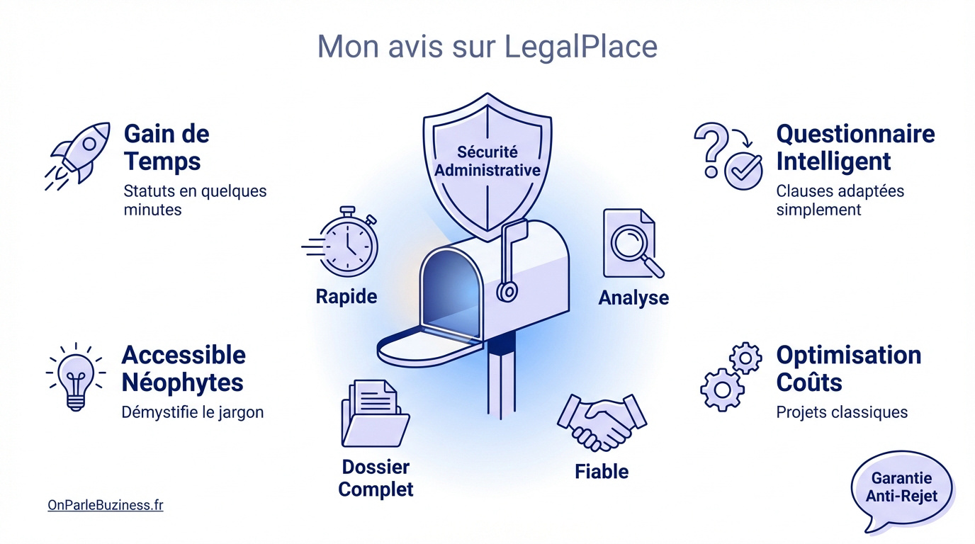 Infographie LegalPlace montrant les bénéfices de sécurité, rapidité et accessibilité pour la création d'entreprise