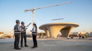 Trois professionnels du bâtiment en casques et gilets discutent sur un chantier, avec une grue et une structure en béton moderne au fond.