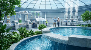 Installation futuriste de gestion des ressources avec machines de tri des déchets, bassins d'eau, végétation et personnel en casques.
