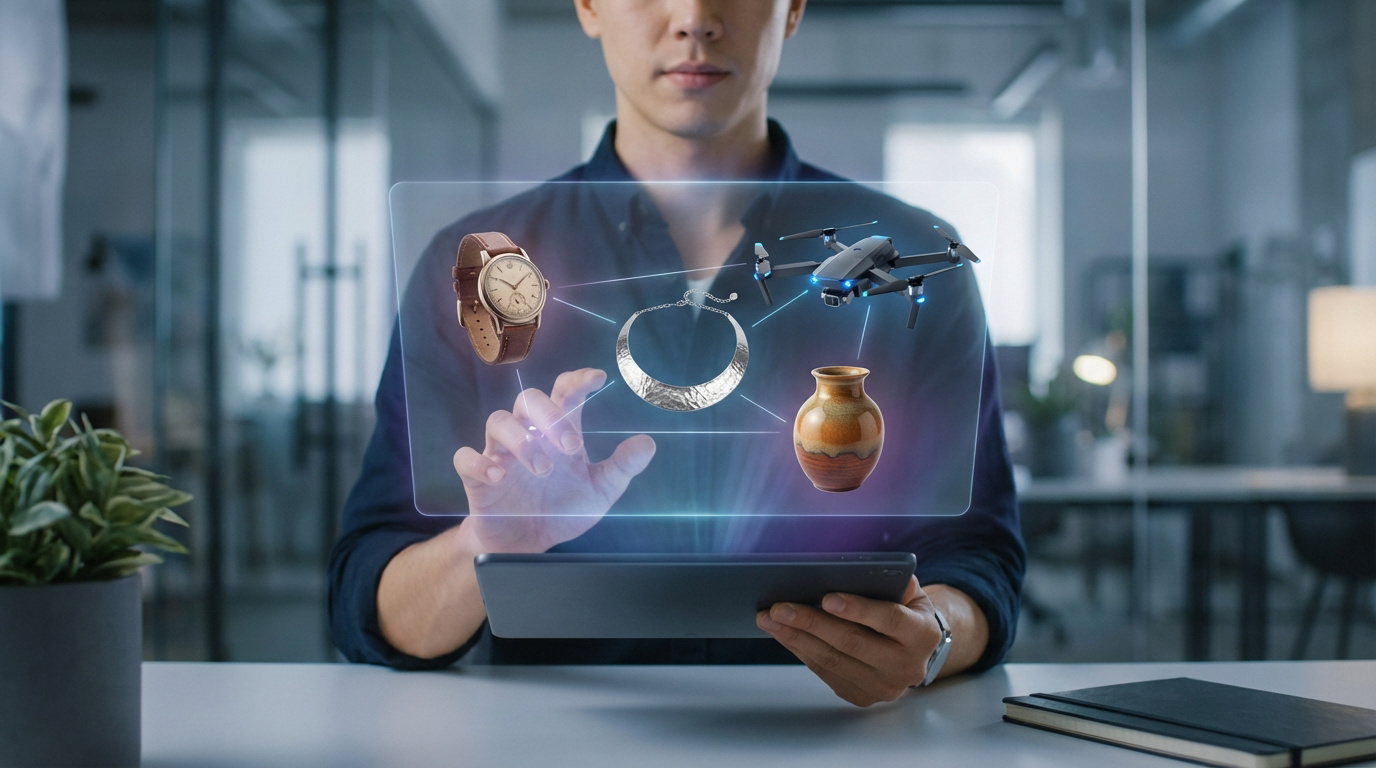 Un homme utilise une tablette et interagit avec un écran holographique affichant une montre, un collier, un drone et un vase.