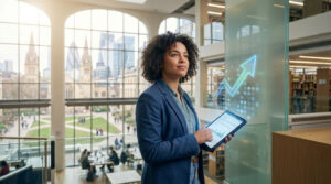Femme aux cheveux bouclés, blazer, analyse données sur tablette. Flèche de croissance lumineuse. Bâtiments urbains et campus.