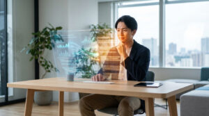 Jeune homme devant un écran holographique affichant des données et graphiques, clavier et tablette sur le bureau, dans un bureau moderne avec vue sur la ville.