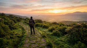 Vue arrière d'un randonneur sur un sentier pierreux en montagne, contemplant l'aube dorée sur une vallée verdoyante.