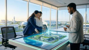 Trois professionnels utilisent une table interactive pour visualiser un modèle 3D de complexe d'entreprise durable.