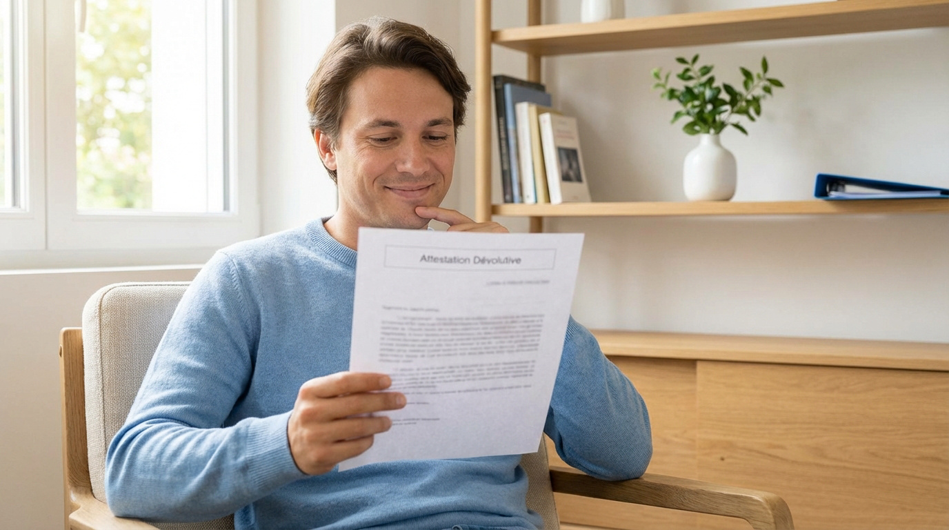 Un homme souriant lit une attestation dévolutive en main, assis dans un intérieur lumineux. Il prouve sa qualité d'héritier.
