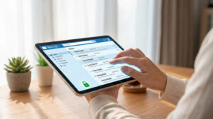 Une personne consulte sa boîte de réception webmail sur une tablette, l'écran affichant des e-mails et un cadenas de sécurité.