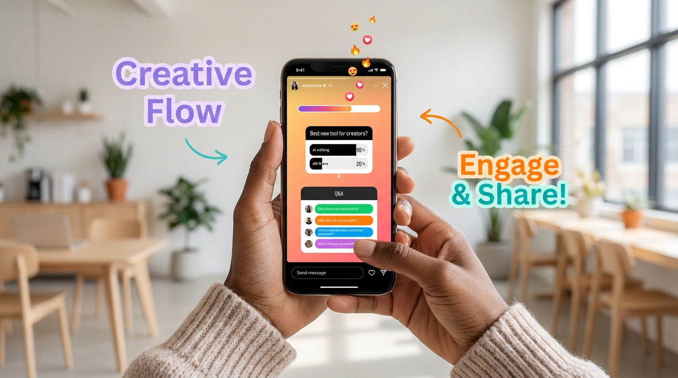 Mains tenant un smartphone montrant une Story Instagram interactive avec sondage et questions/réponses. Texte "Creative Flow" et "Engage & Share" avec des emojis.