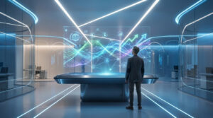 Homme face à un écran holographique futuriste affichant des données financières, des graphiques de croissance et des icônes d'entreprise dans un bureau moderne éclairé en bleu.