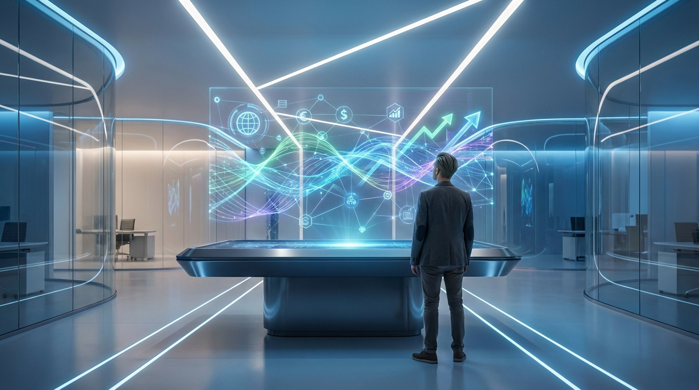 Homme face à un écran holographique futuriste affichant des données financières, des graphiques de croissance et des icônes d'entreprise dans un bureau moderne éclairé en bleu.